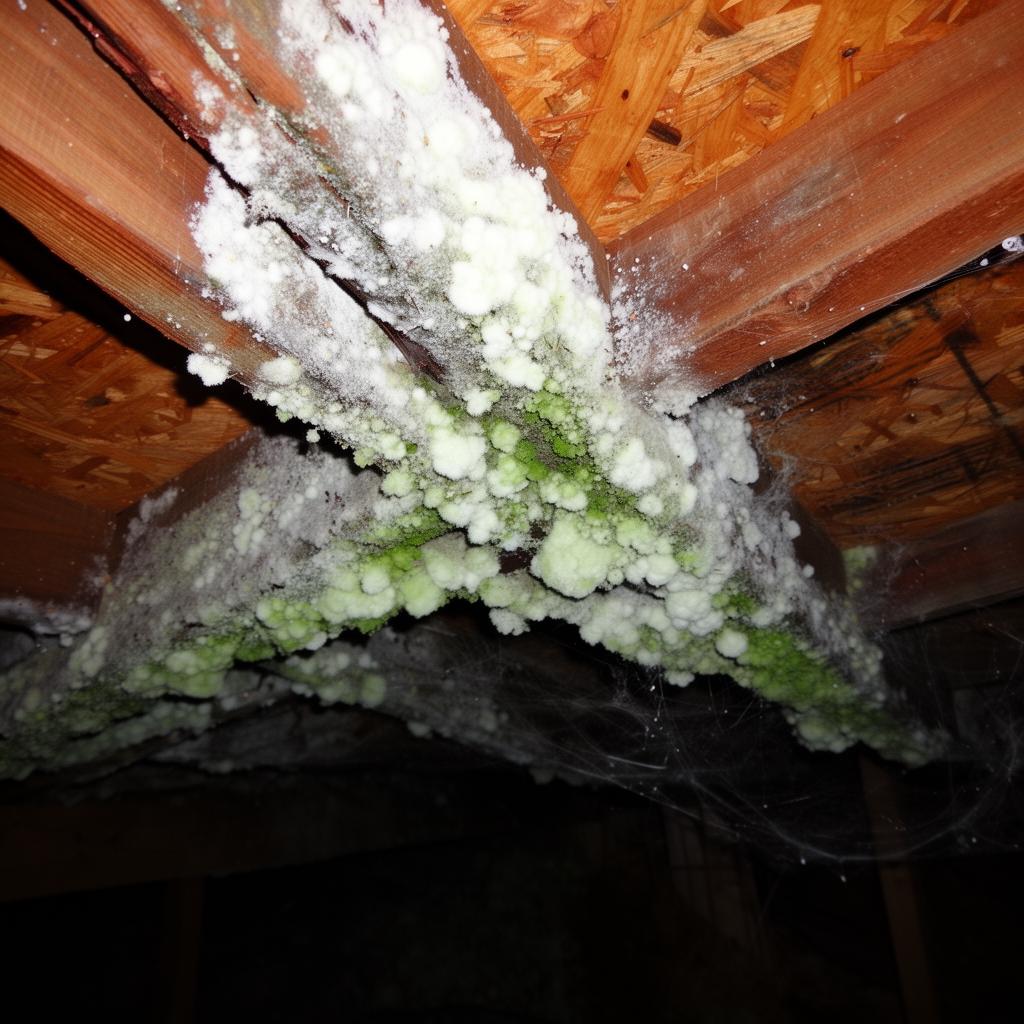 White and green mold covering attic rafters and sheathing in Boston Massachusetts home