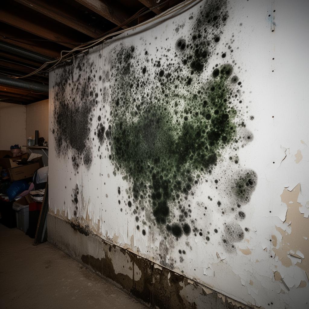 Black mold growth covering basement wall behind removed drywall in Tampa Florida home