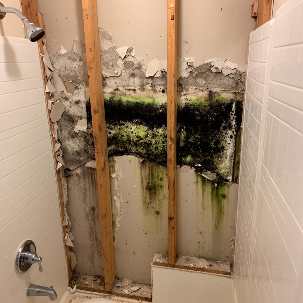 Mold growth behind bathroom shower tiles from water leak in Houston Texas home